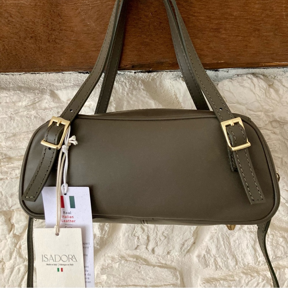 NWT Isadora Italian Made Leather Belted Convertible Satchel Bag in Olive Green